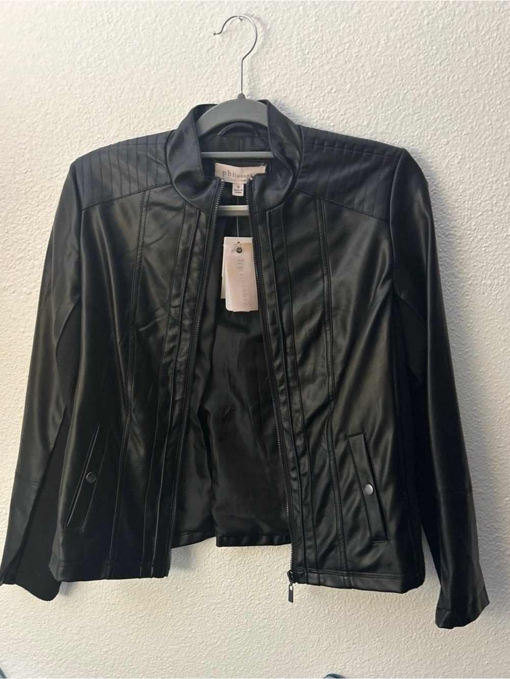 Philosophy Black Faux Leather Moto Jacket - NWT- Size 8 has stretch on sides